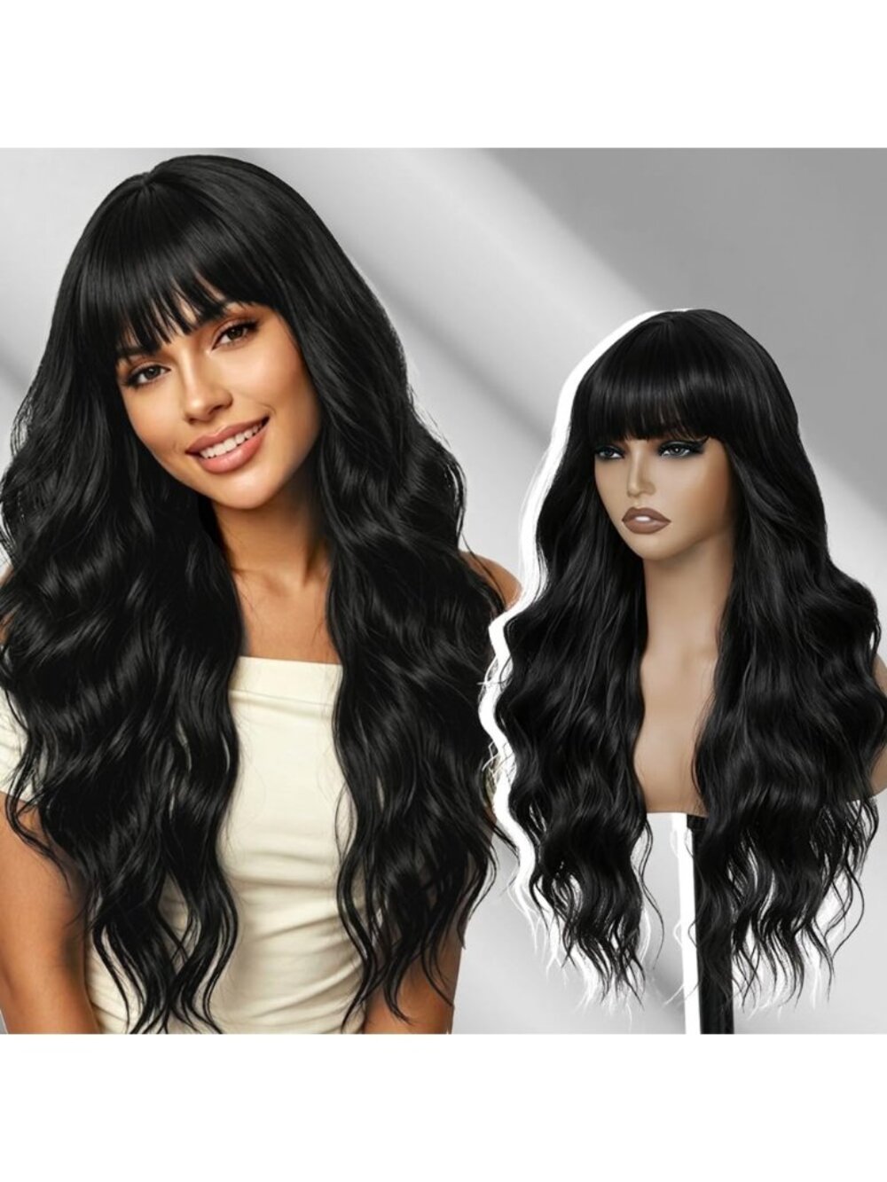 26 Inch Women's Black Soft Layered Wavy Curly Hair Wig with Natural Shine